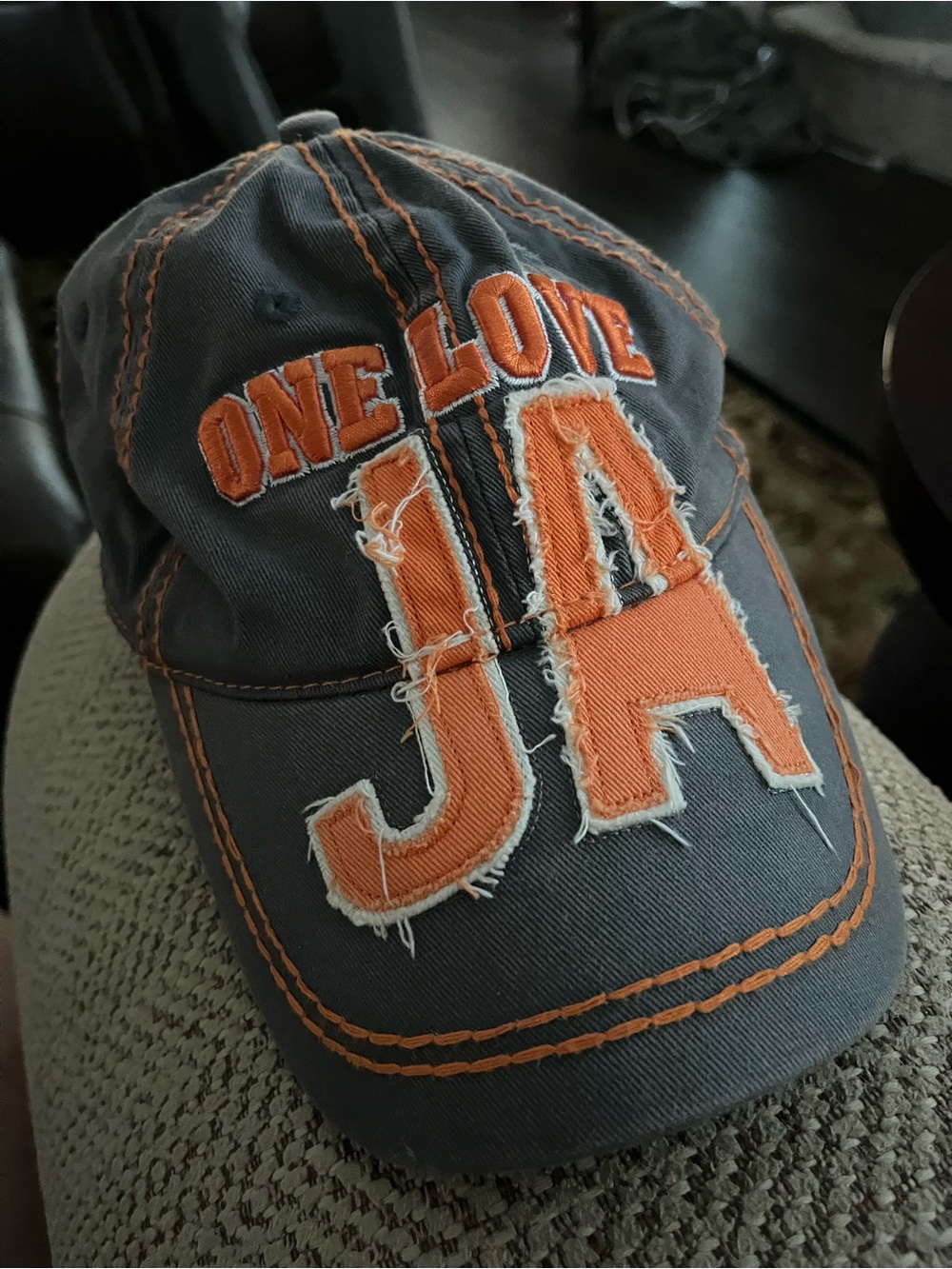 ‘One Love JA' Distressed Baseball Cap - Orange on Gray from COJ Jamaica apparels